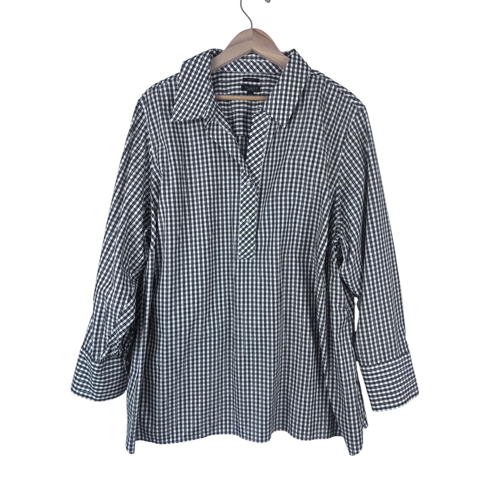 TALBOTS Gingham Tunic Shirt 22WP Black White Metallic Plaid Non-Iron Plus Petite